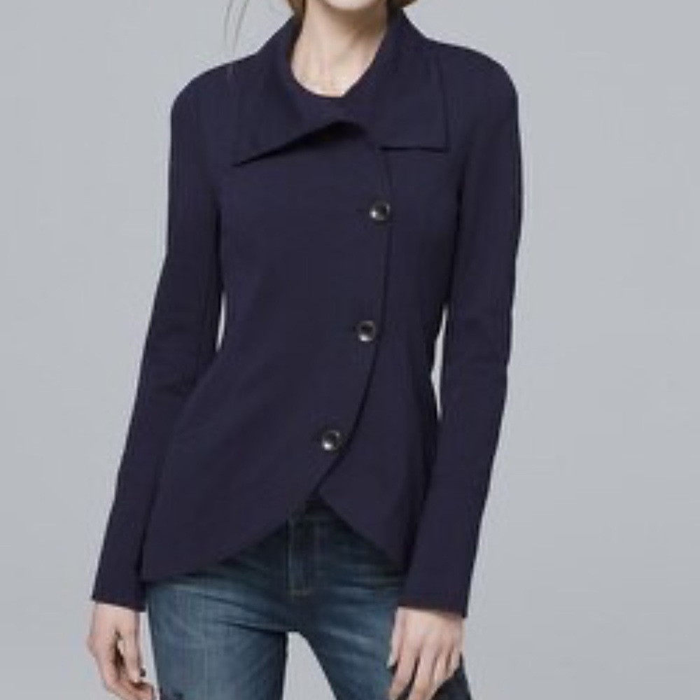 New White House black market navy button front knit lounge jacket size 4 stretch